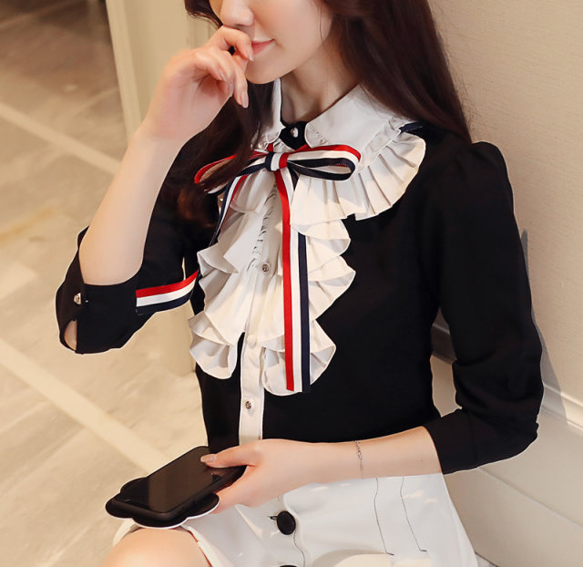 2022 autumn new long-sleeved retro ruffled bow stitching black professional chiffon shirt women's top