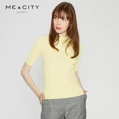 MECITY women's solid color fashion simple temperament slim half high collar design short sleeve knitted T-shirt