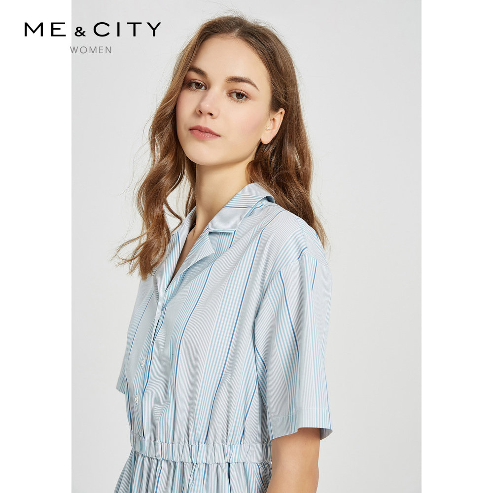MECITY Female dress lady trendy fashion minimalist comfortable turn collar tying up cashew striped pure color dress woman