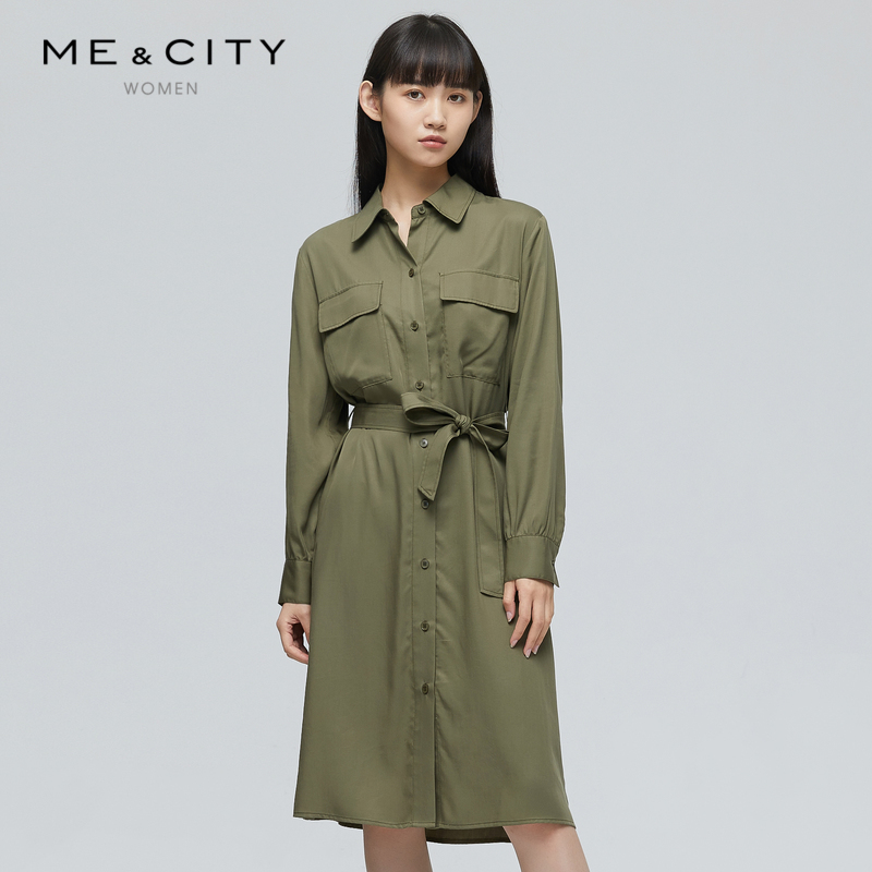 MECITY women's clothing fall minimalist Korean version of the lace collection waist shirt with long version of the square collar dress 544816