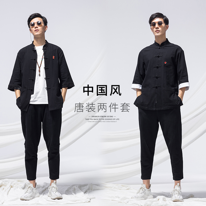 Zuo Du Tang suit male youth Chinese style linen suit cotton and linen Chinese disc buckle retro style men's short sleeve coat tide