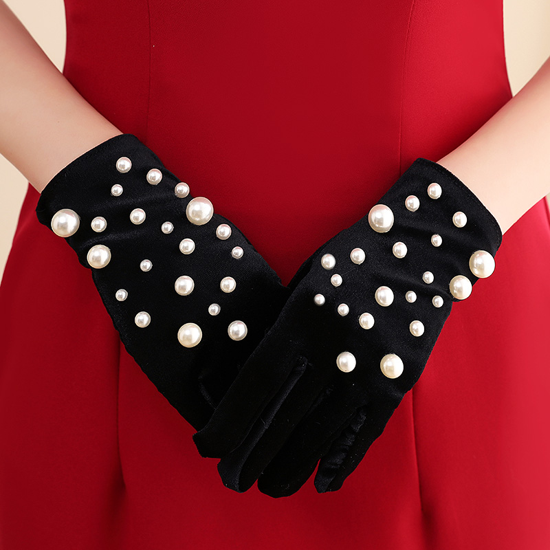 Herbenwind Elegant Bridal Gown Gloves Black Wedding Accessories style Short Stretch Banquet Gala Pearl