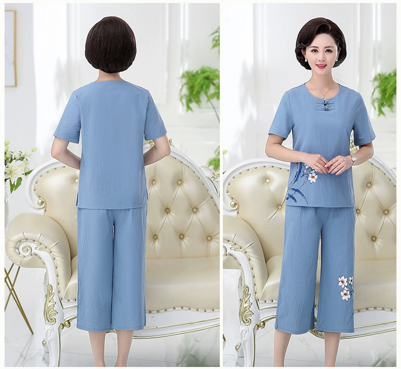 Bộ đồ mùa hè cho mẹ 40 tuổi 50 phụ nữ trung niên cotton ngắn tay và vải lanh hai mảnh cỡ lớn quần áo mùa hè mới - Quần áo của mẹ