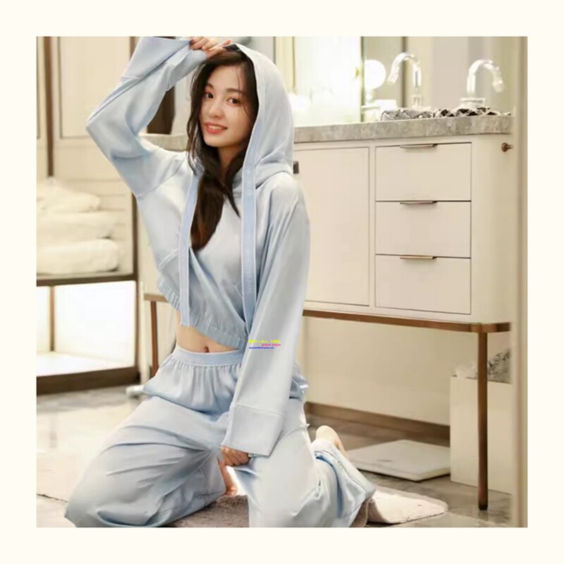 Japanese Gp Spring and Autumn Silk Pajamas for Women, Zhang Tian'Ai and Liu Yifei Celebrity Style, Hooded Long-Sleeve Long Pants Loungewear Set