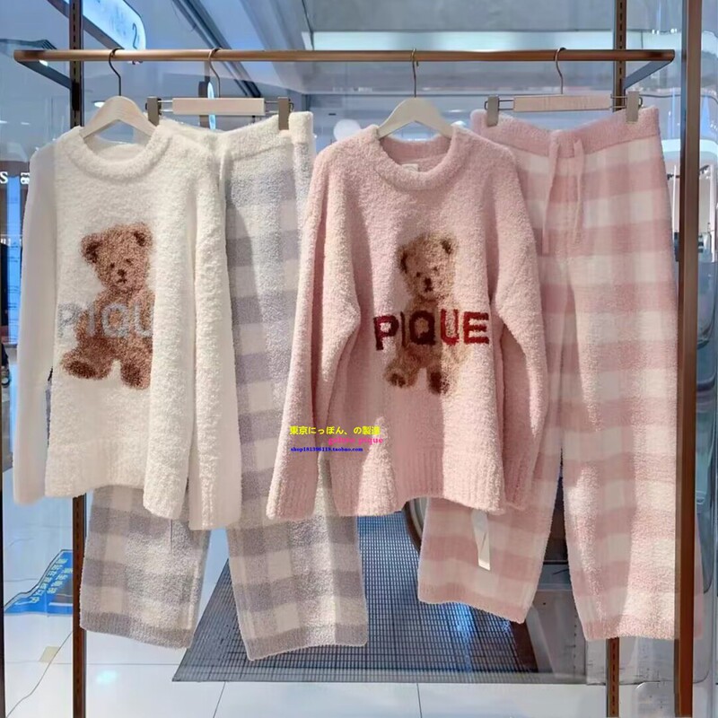 Japan Gp Gelato Pique Winter Soft Pajamas Cartoon Bear Plaid Half-Velvet Loungewear ins