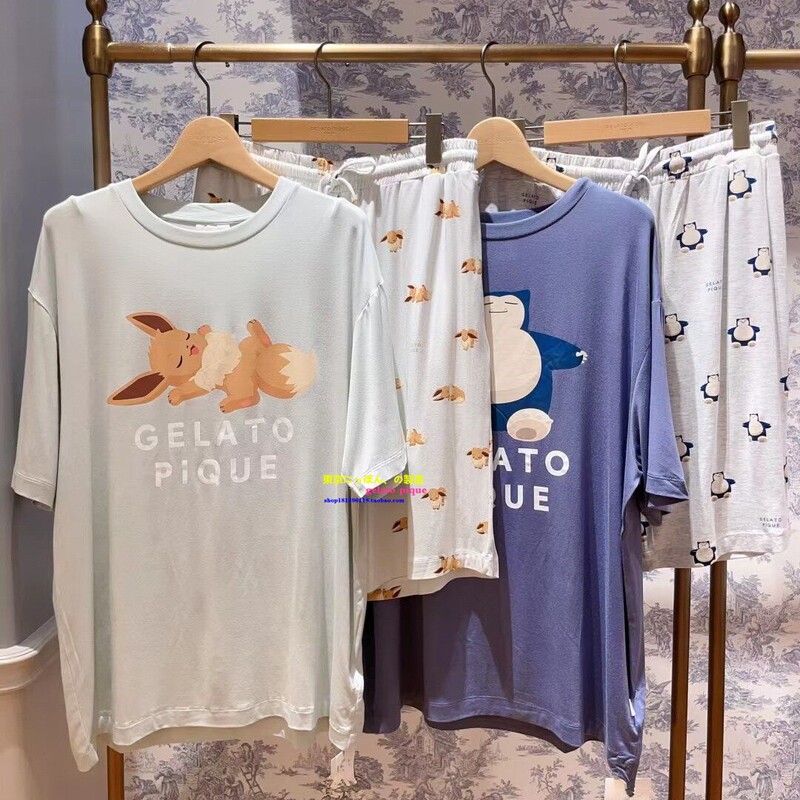 Japan Gp Gelato Pique Summer Cartoon Pokémon Collaboration Pajamas for Women and Men, Short-Sleeved Loungewear for Couples