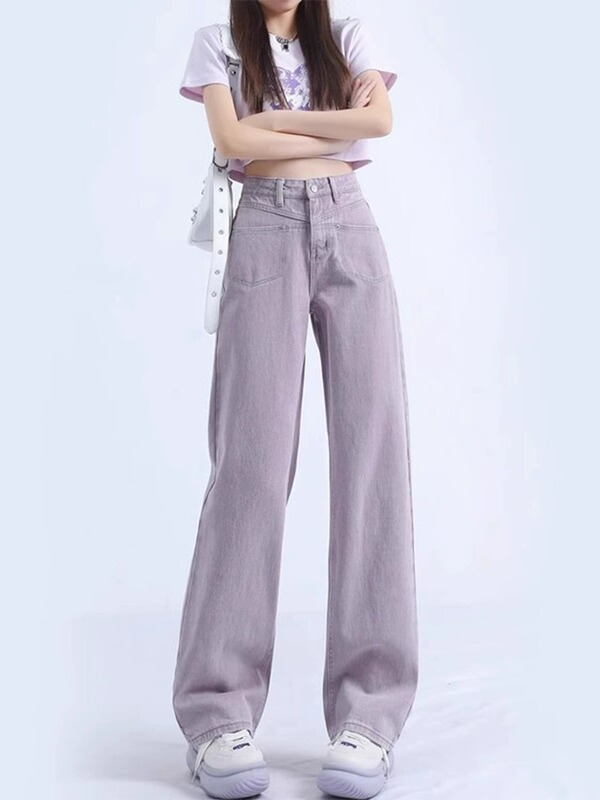 American-Style Purple Jeans for Petite Women, Pink, 2024 Spring and Autumn New Style, Floor-Length, High-Waisted, Wide-Leg, Straight Pants