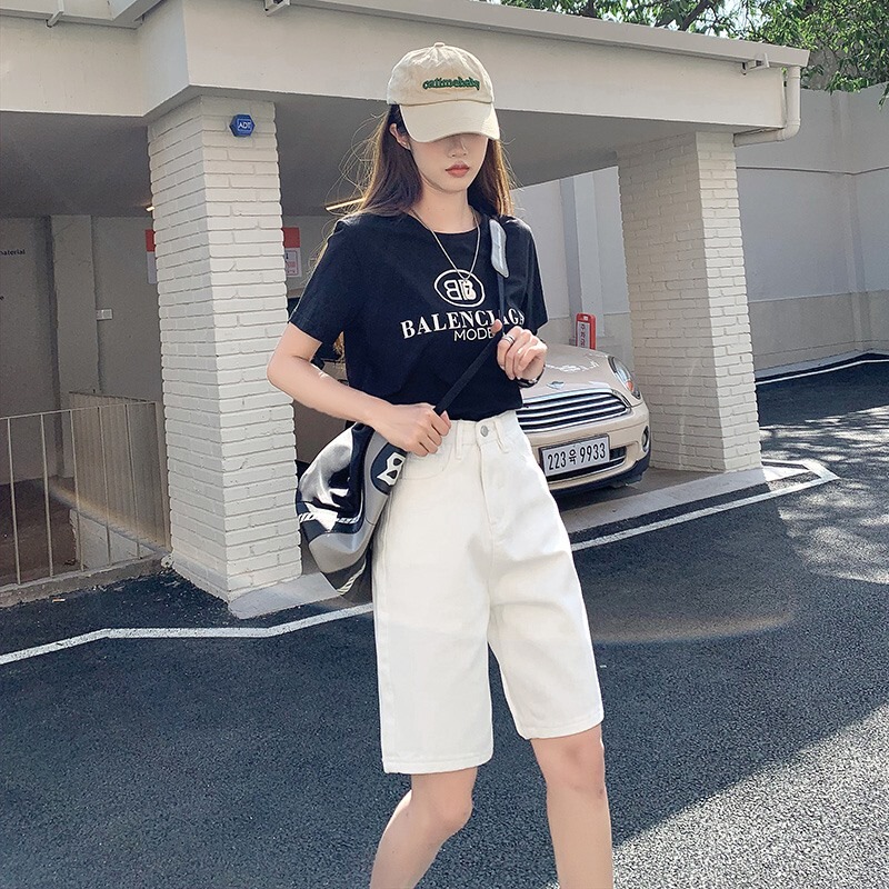 White Straight-Leg Denim Shorts for Women, Summer Thin Style, High-Waisted, Loose Wide-Leg, Korean Style, Student Mid-Length Pants, Trendy