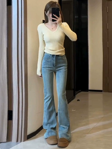 Светлые осенние джинсы, штаны, приталенные эластичные штаны-клёш, 2024 года, новая коллекция, высокая талия