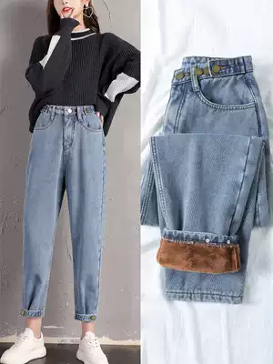 Plus velvet dad jeans women's 2020 new autumn and winter high waist thin warm thick outer wear Harun Luo pants