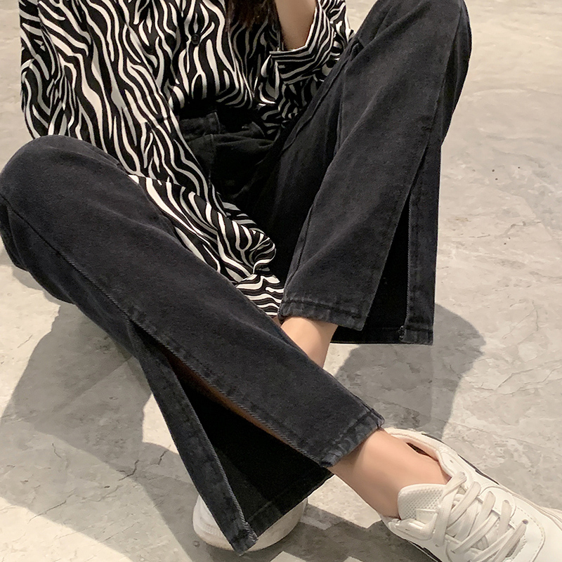 High - waist black front fork jeans woman in spring 2022 slim loose legs and slim slim horn trousers