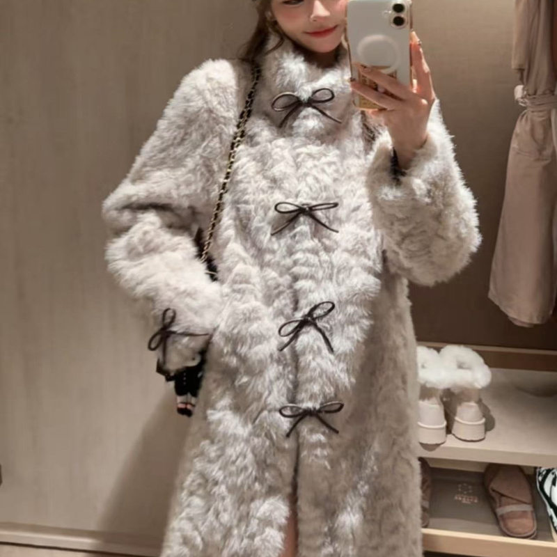 Stand Collar Bow Fur Coat Women's Mid-Length Fleece-Lined Loose Teddy Bear Coat Winter