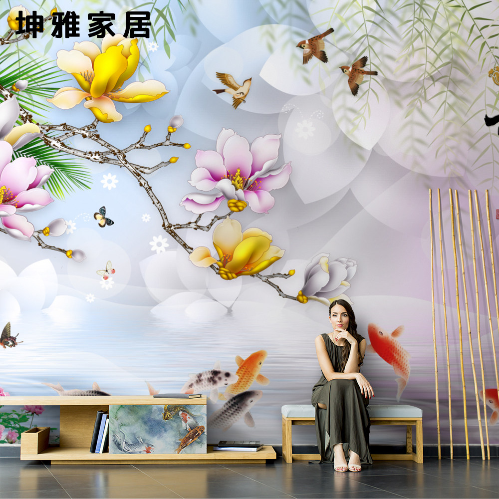 Bamboo wood fiber integrated wall panel Chinese style simple magnolia flowers and birds TV background wall panel living room decorative panel wall panel