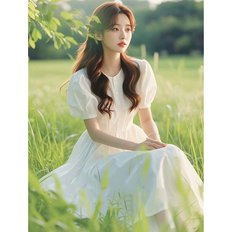 Authentic Gejia New 2026 Summer French-Style White Puff-Sleeve Age-Reducing Gentle Mid-Length Dress with Waist-Cinching Design