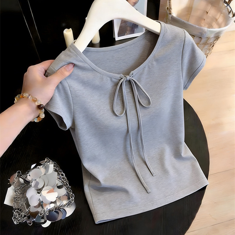Authentic New 2026 Summer Korean-Style Bow Tie Collar Short-Sleeve T-Shirt, Comfortable and Slimming Top for Women