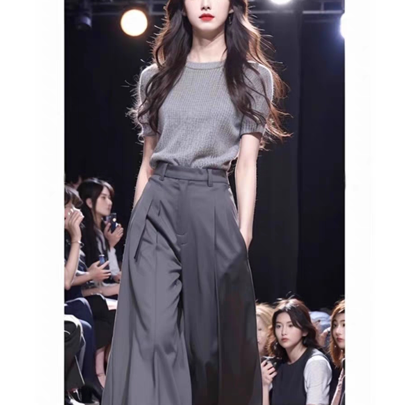 Authentic Gejia New 2026 Summer Commuter Casual Short-Sleeved Knit Top and High-Waisted Wide-Leg Pants Two-Piece Set Complete Set
