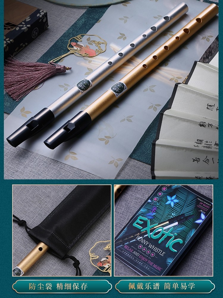 Irish Whistle for Beginners, Metal Whistle with 6 Holes, C/D Key, High-Pitched Metal Professional Straight Flute Instrument