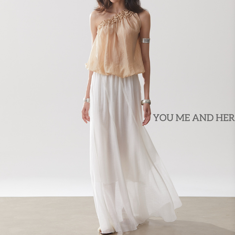 You Me and Her Original French-Style Tencel Holiday-Style Skirt, Long Design Pleated Skirt with Large Hem