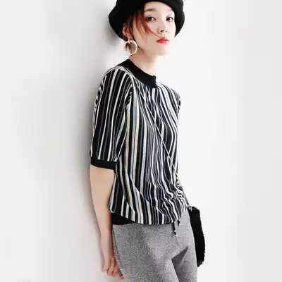 Japanese light extravagant soft breathable rainbow striped sweater 2021 summer thin half sleeve Ice Silk top female