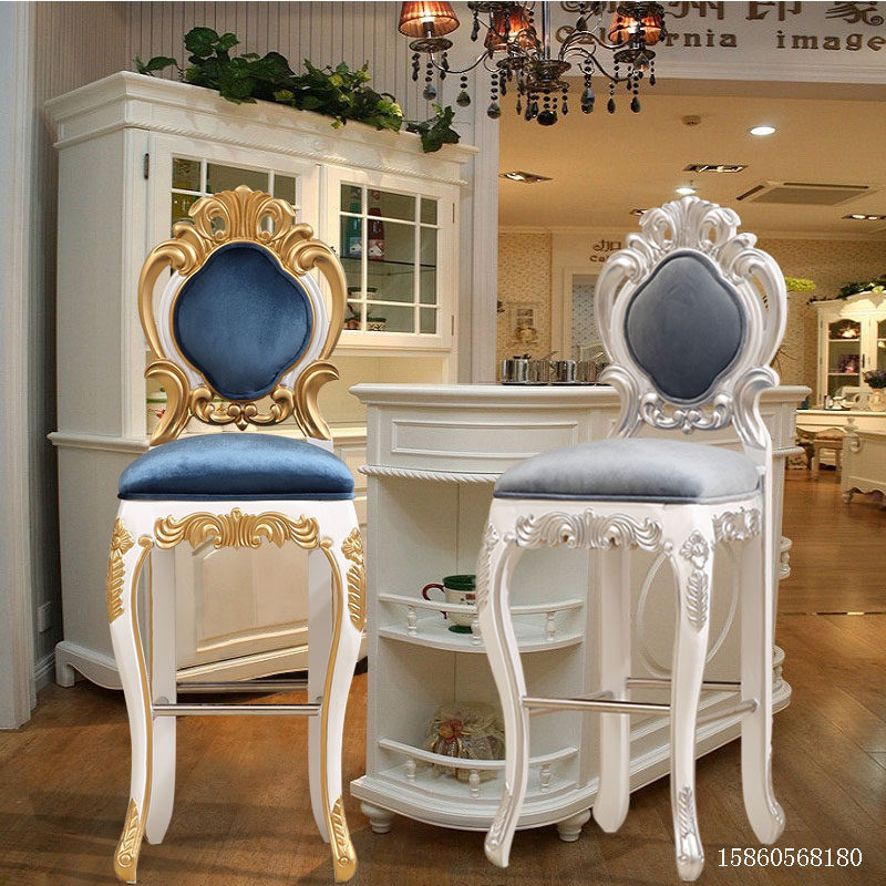 Eurostyle Bar Armchair Solid Wood High Footstool Neoclassical Home Backrest Bar Stool American Bar Chair Light Lavish Chair