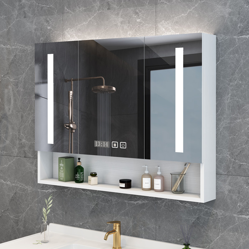 Modern simple intelligent solid wood bathroom mirror cabinet Wall-mounted Nordic bathroom storage mirror box mirror with shelf