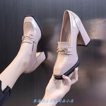 High heels children 2020 new autumn Joker thick heel square head small leather shoes British wind deep mouth single shoes nude color
