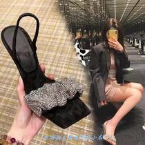 2021 Yang Mi New Square head one-word thin with open-toed sandals female summer heel chain rhinestone Roman high heels women