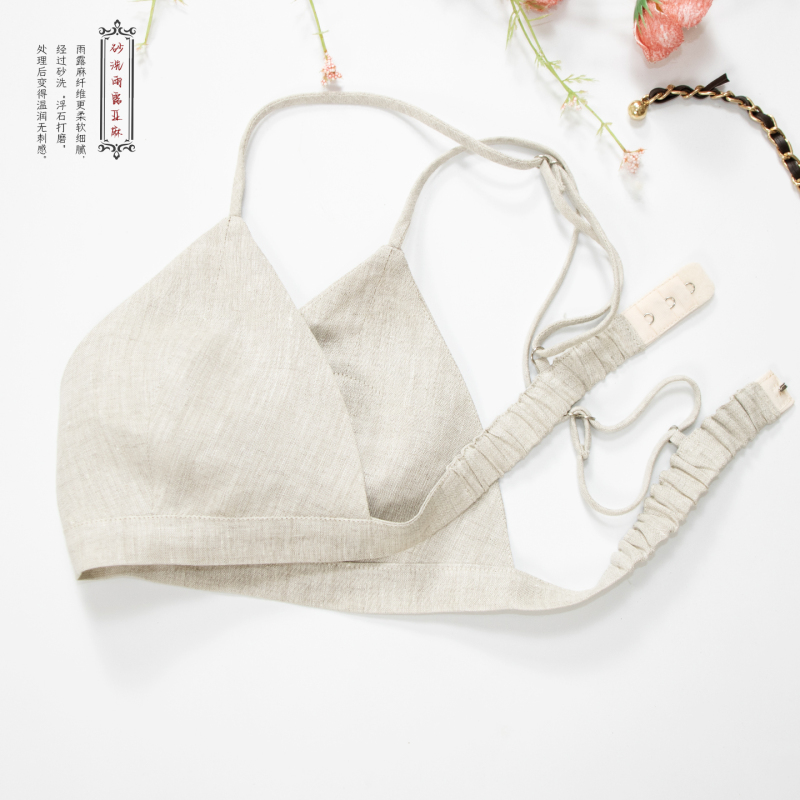 Raindrop Linen 100% Pure Linen Thin Sand-Washed Wireless French Triangle Cup Bra for Women Breathable Underwear Bra