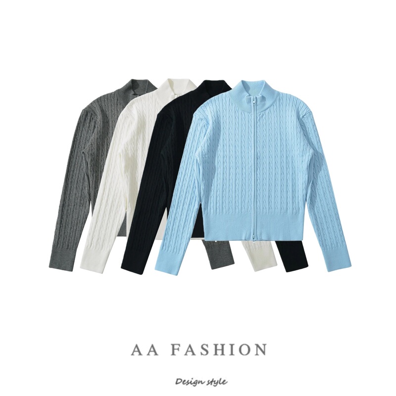 Aa European Style Women's Double Zipper Half-High Collar Long-Sleeve Cable Knit Cardigan Sweater Slim Fit Top 30 Aa European Style Women's Double Zipper Half-High Collar Long-Sleeve Cable Knit Cardigan Sweater Slim Fit Top 30