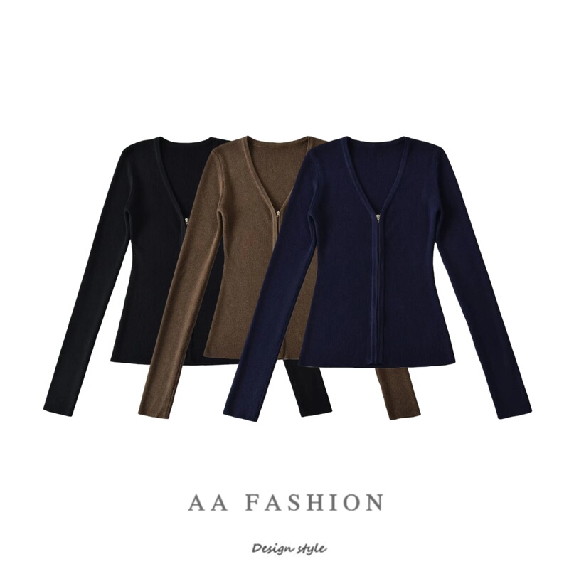 Aa ins European and American Style Women's V Neck Long-Sleeved Wool Zipper Knitted Cardigan Sweater Slim Fit Top 32 Aa ins European and American Style Women's V Neck Long-Sleeved Wool Zipper Knitted Cardigan Sweater Slim Fit Top 32