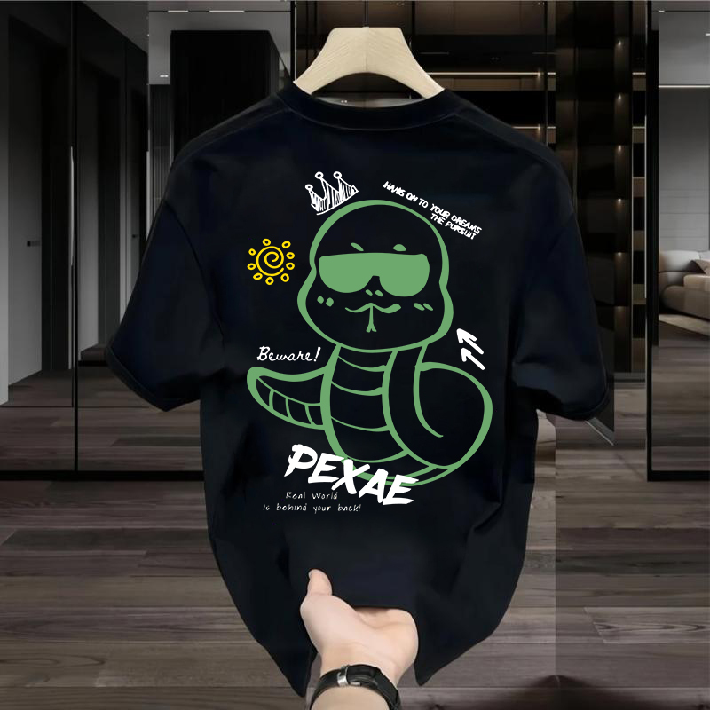 Pexae Summer New Product Little Green Dragon Print Large Size Unisex Couple Outfit Short-Sleeved Fashionable Versatile Round Neck T-Shirt Half-Sleeve
