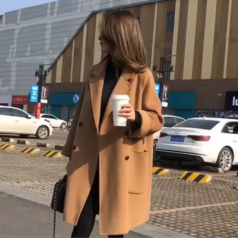 Double face cashmere big coat woman medium long version over knee 2021 autumn winter new Korean version loose and casual thickened fur coat