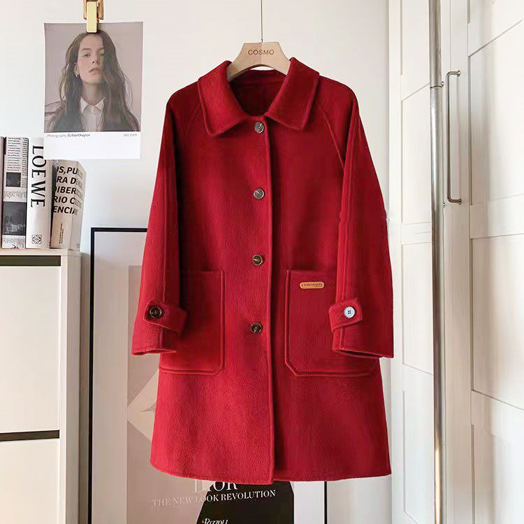High end double face cashmere big coat female medium long version 2021 Winter new Korean version easing Hepburn Airy Jacket