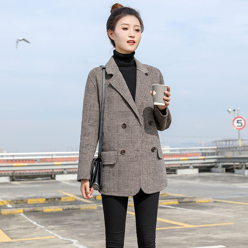 Plaid double face cashmere big coat woman short 2021 autumn winter new Hepburn small sub casual plush jacket