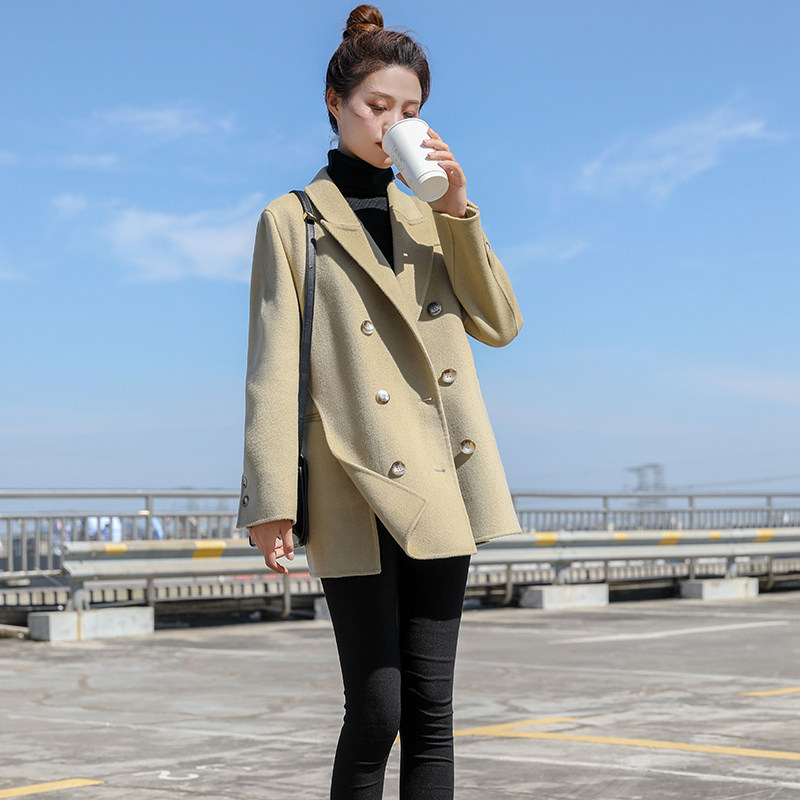2021 New bifacial cashmere big coat female short high-end female small sub winter suit open fork casual jacket