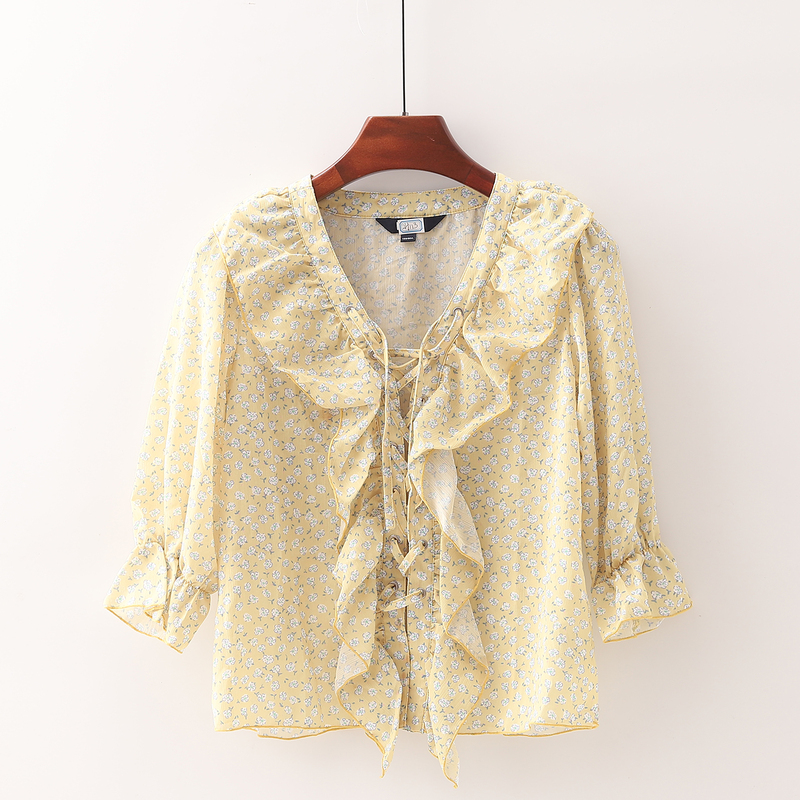 【Factory Brand Discount】Women's Trendy Fashion Tie-Up Slim Fit Ruffle Floral Chiffon Blouse 2H113