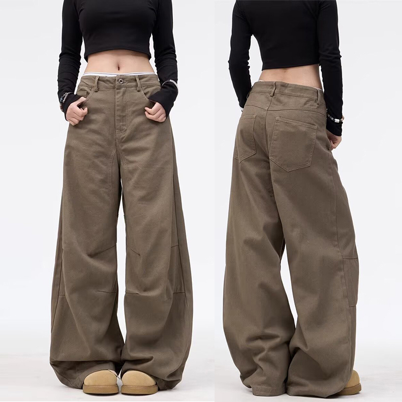 Tall Women's Extended Pants Summer Wide-Leg Cargo Pants Loose Casual Retro Brown Floor-Length Jeans