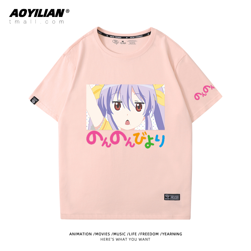 Crew Neck - Pink - 0 & (1)comic    long Ah Ah girl Rihe   Miaopas Short sleeve T-shirt periphery men and women lovers