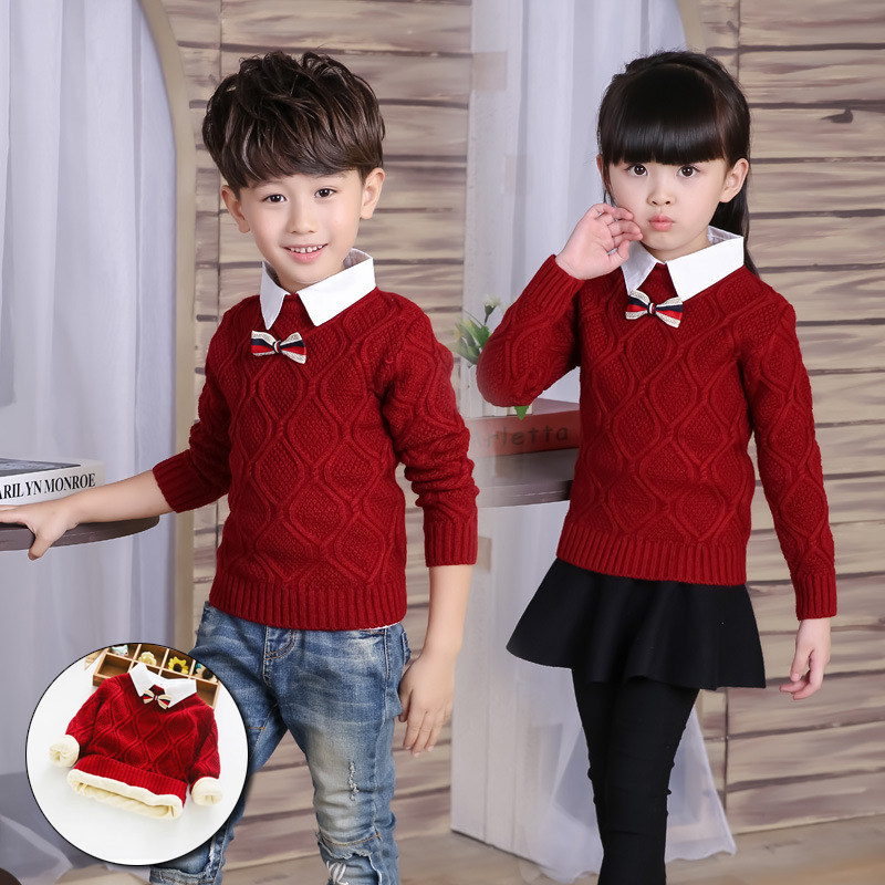 Winter children's clothing children plus velvet thick sweater boys and girls fake two pieces of woolen knitted bottoming shirt student school uniform