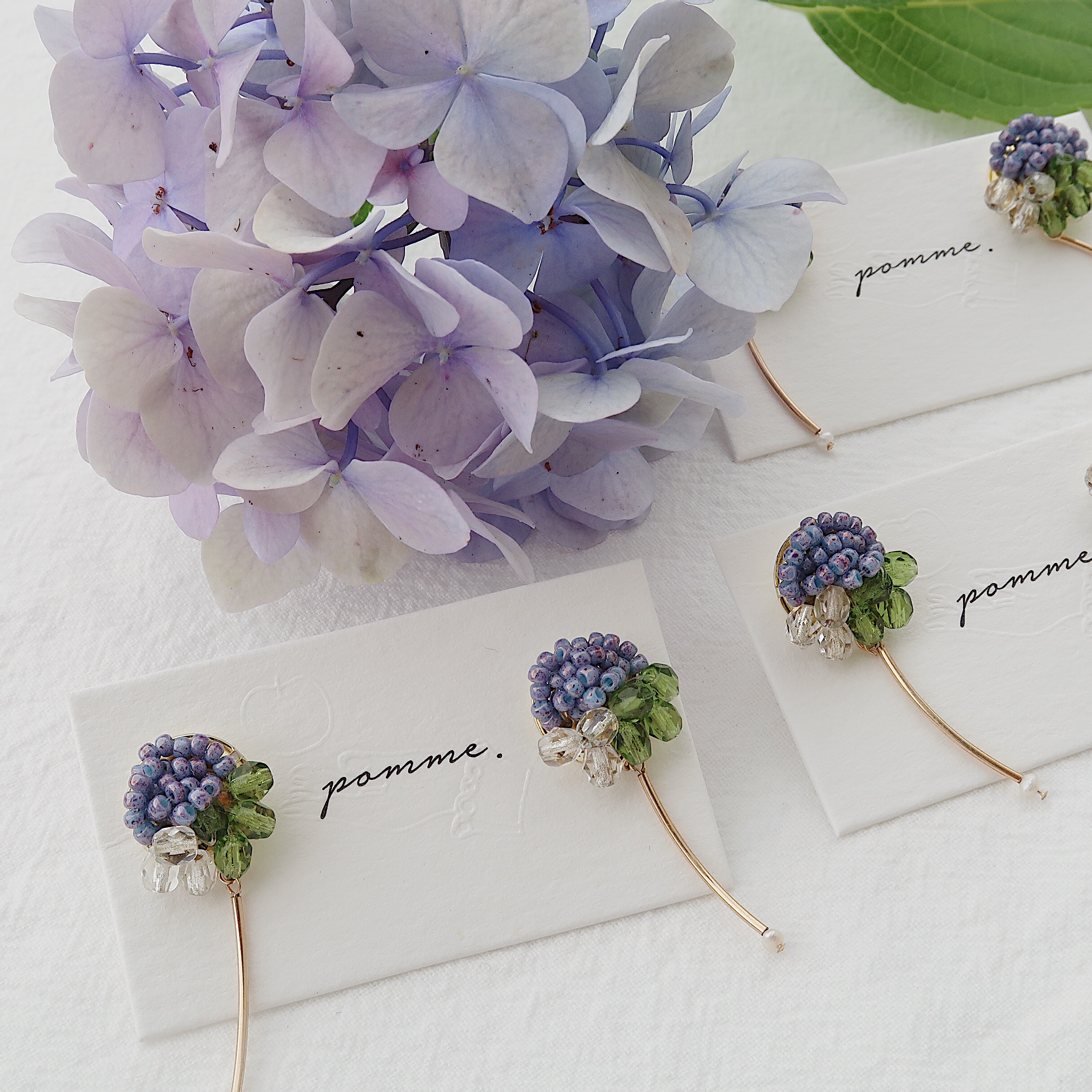 pomme hands for antique string beads embroidered ball with natural freshwater pearl ajisai ear pin