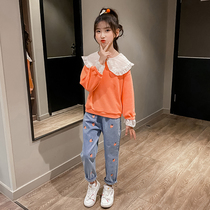 Girls net red suit autumn 2021 new childrens clothing Western style little girl spring and autumn fashion sweater two-piece set tide