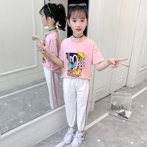 Girls summer suit 2021 new Korean version of the foreign style fashionable short-sleeved big childrens fashion childrens clothing childrens sports two-piece set