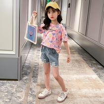 Girls  summer clothes net red suit 2021 new middle and large childrens Korean version of fashionable childrens denim shorts two-piece childrens clothing