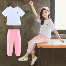 Girls summer suit 2021 new childrens clothing childrens net red fashionable summer girls short-sleeved Western style two-piece set tide