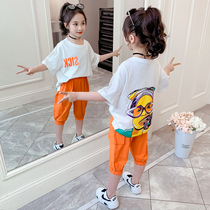 Girls summer suit 2021 new childrens net red foreign style student summer trend short-sleeved sweatpants two-piece set