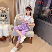 Girls summer suit 2021 new foreign style childrens net red cartoon girl summer short-sleeved bib pants two-piece set