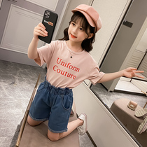 Girls net red suit summer 2021 new childrens foreign style little girl summer Korean denim shorts two-piece set