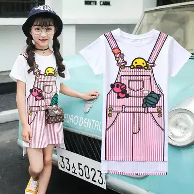 Girl dress summer 2021 new little girl Net red medium long version T-shirt summer cartoon apron