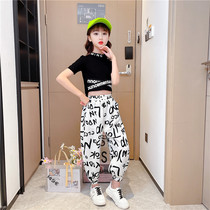 Girls summer suit 2021 new childrens summer sports big childrens clothing girls foreign style hip-hop style two-piece set tide