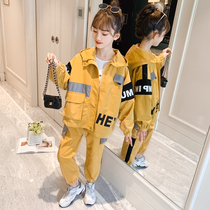 Girls  net red spring suit 2021 new childrens Korean version of sports childrens clothing spring and autumn reflective foreign style two-piece set